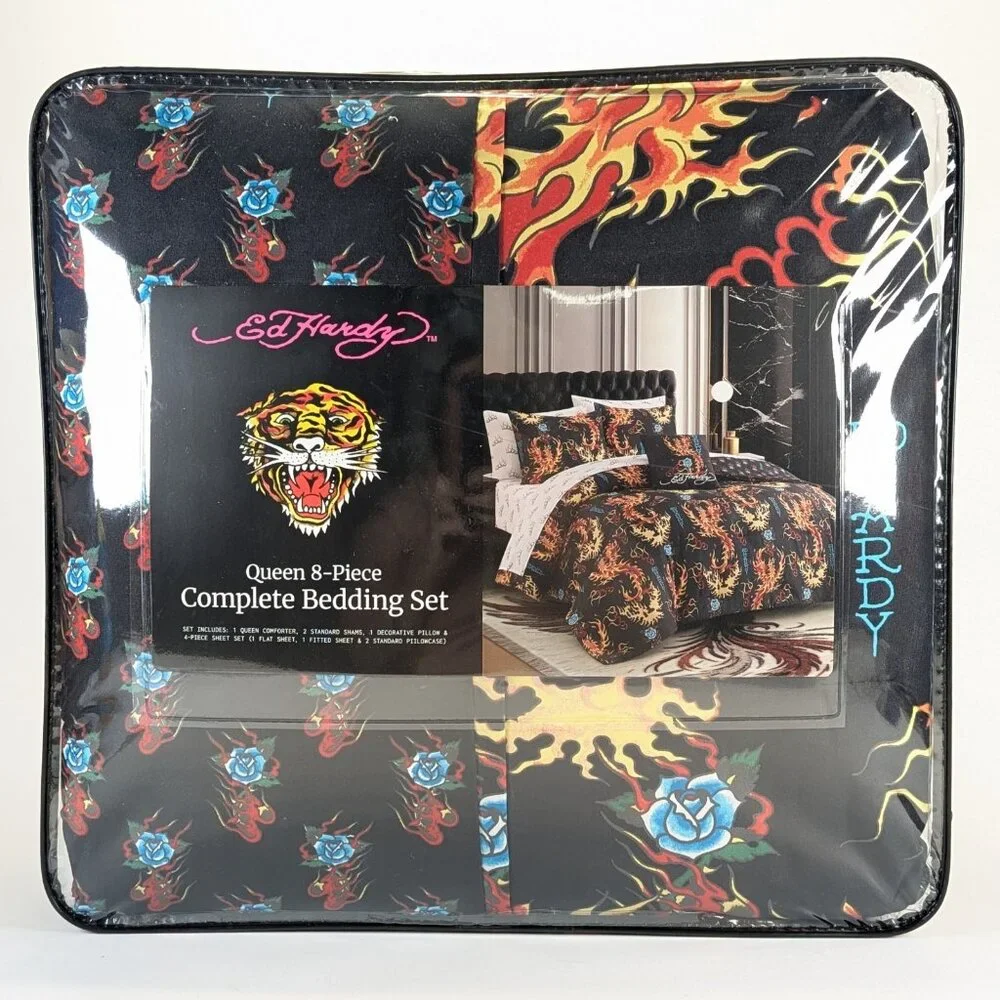 Ed Hardy Queen Roses Flames Black Comforter Set Shams, Pillow, Sheets
